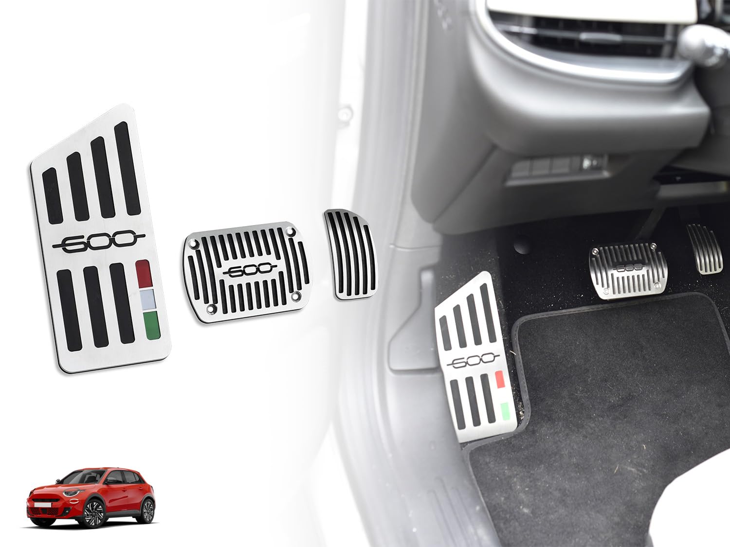 Pedali Con Poggiapiede In Acciaio per Fiat.600 600e | 3 Pezzi Inox Pedana Pedaliera Poggapiedi Pedaliere Elettrica Hybrid RED (RED) LA PRIMA 600 Accessori Tuning Kit Auto Ricambi
