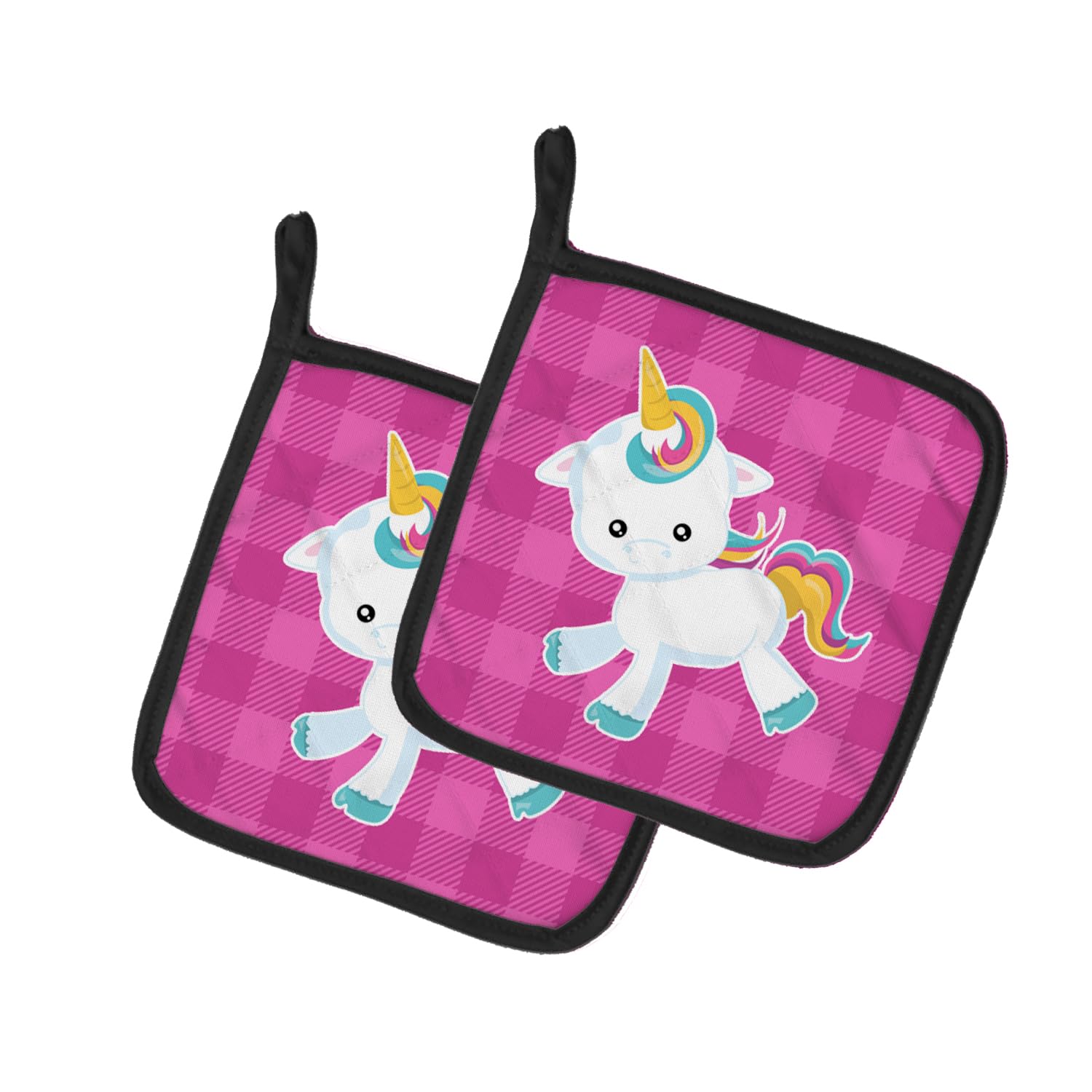 Agarraderas de unicornio rosa con diseño Plaid multicolor en un práctico par de 7,5 cm