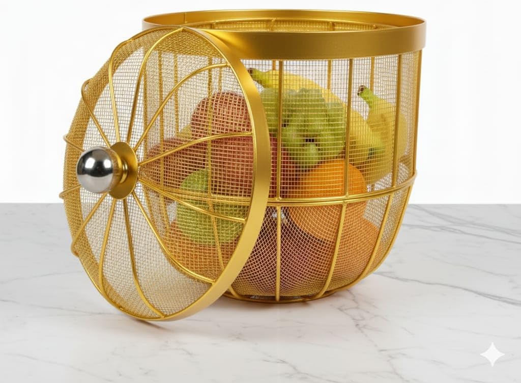 Gold Metal Mesh Wire Fruit Basket with Protective Dome Lid | Stylish Fruit Bowl for Kitchen Counter & Home Décor | 3 kg Capacity