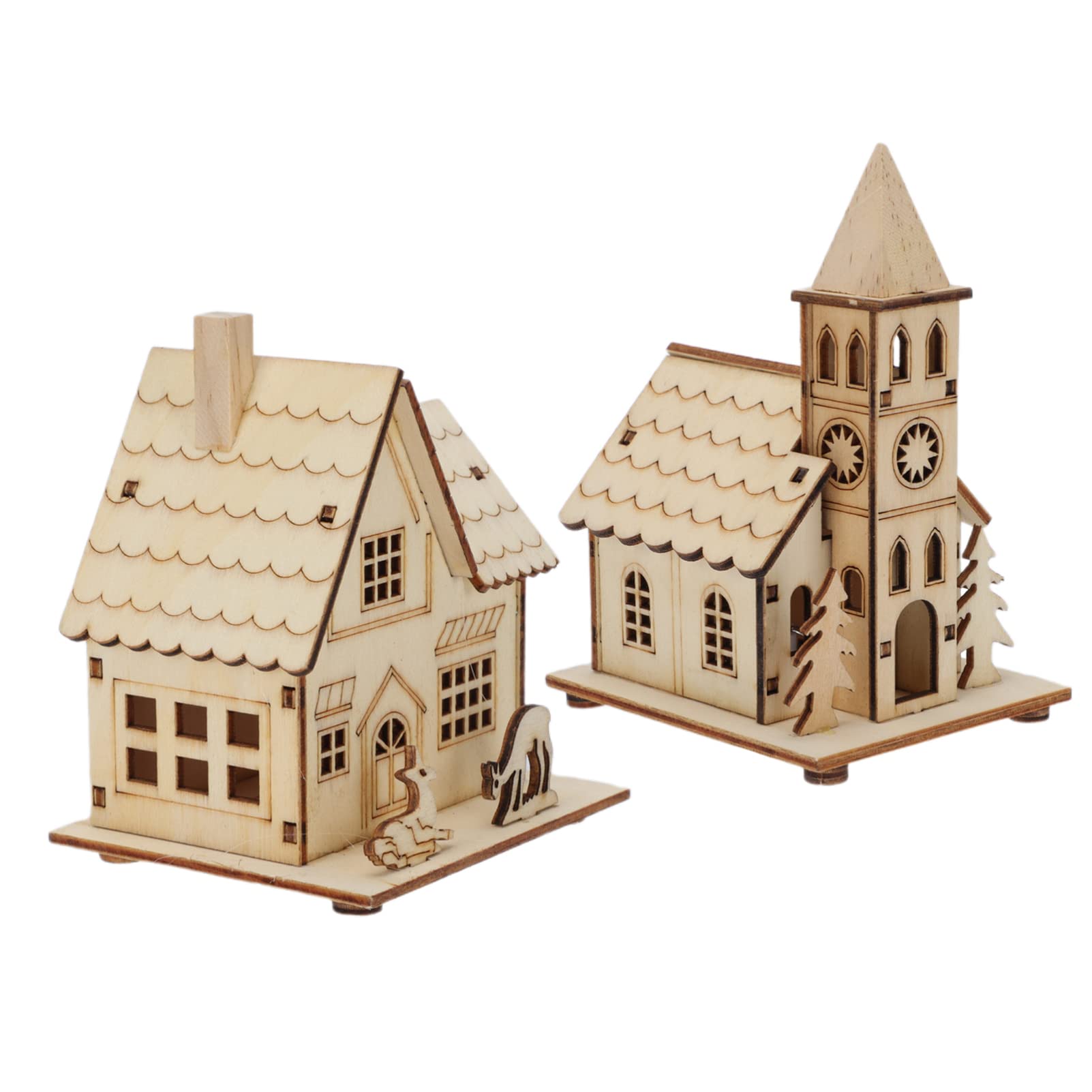 OSALADI 2pcs Unfinished Wood Christmas House Led Luminous Wooden Xmas House Village Decorations Christmas Scene Winter Light Up Building Figurines Ornament