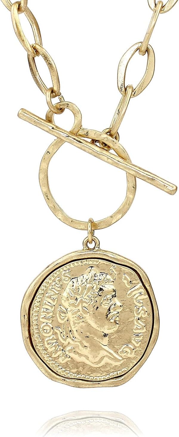 POMINA Chunky Thick Coin Necklace Trendy Fashion Statement Toggle Necklace Worn Gold Tone Pendant Thick Link Chain Layered Pearl Necklace for Women Jewelry