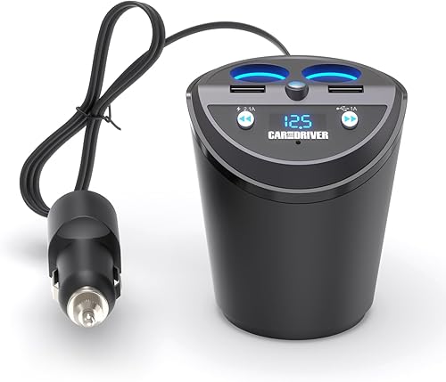 CAR AND DRIVER Portavasos con transmisor FM Bluetooth para automóvil con puertos de carga rápida USB dobles integrados y encendedor de cigarrillos