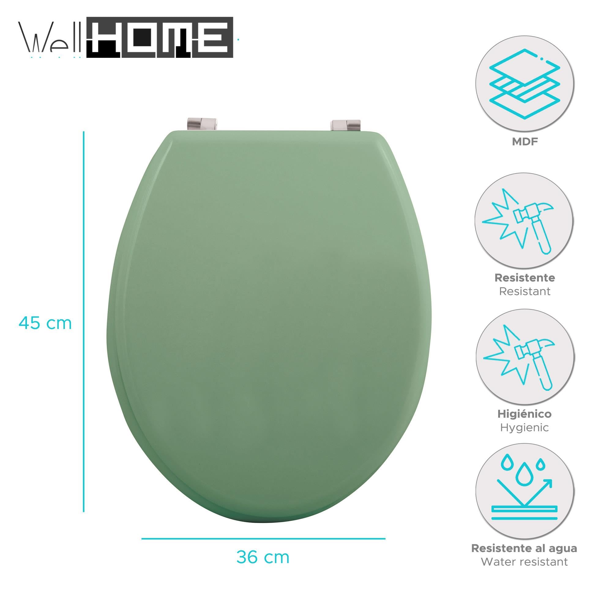 Well Home Asiento WC, con bisagras acero inoxidable, acabado, color albahaca
