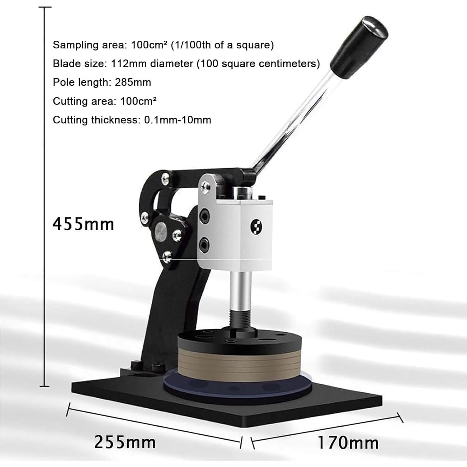 Handdruck-Probenahmewerkzeug, 100 cm² Stoffscheiben-Probenehmer mit 0,1–10 mm Dicke, rundes Textilpapier-Probenahmewerkzeug für GSM-Probentests, verstellbare Laborausrüstung