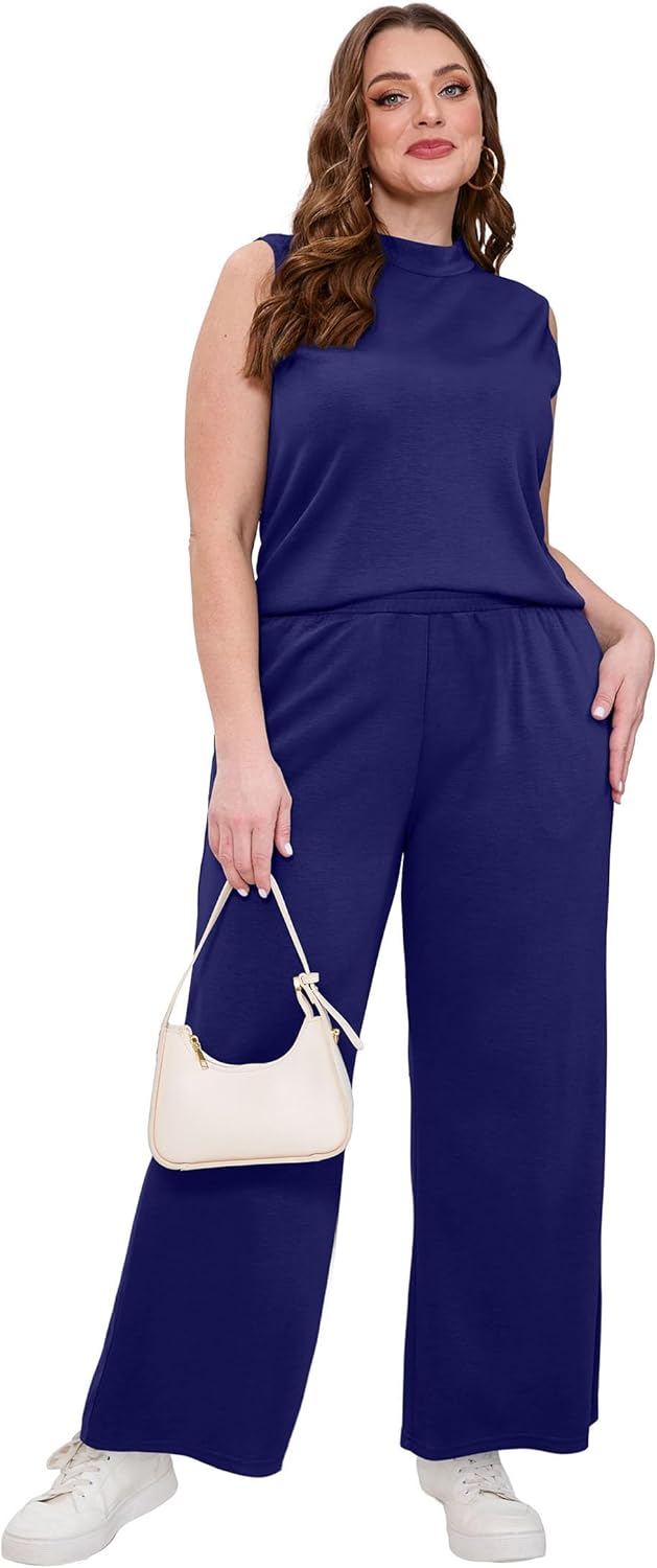 XIEERDUO Two Piece Sets for Women Summer Outfits Travel Mock Neck Lounge Sets Wide Leg Pants Beach Vacation Clothes - Image 4