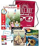 Summer Bridge Activities Bundle—Grades 5-6 Summer Learning Workbook, Division Math Flash Cards, Nonfiction and Fiction Children's Books, Drawstring Bag