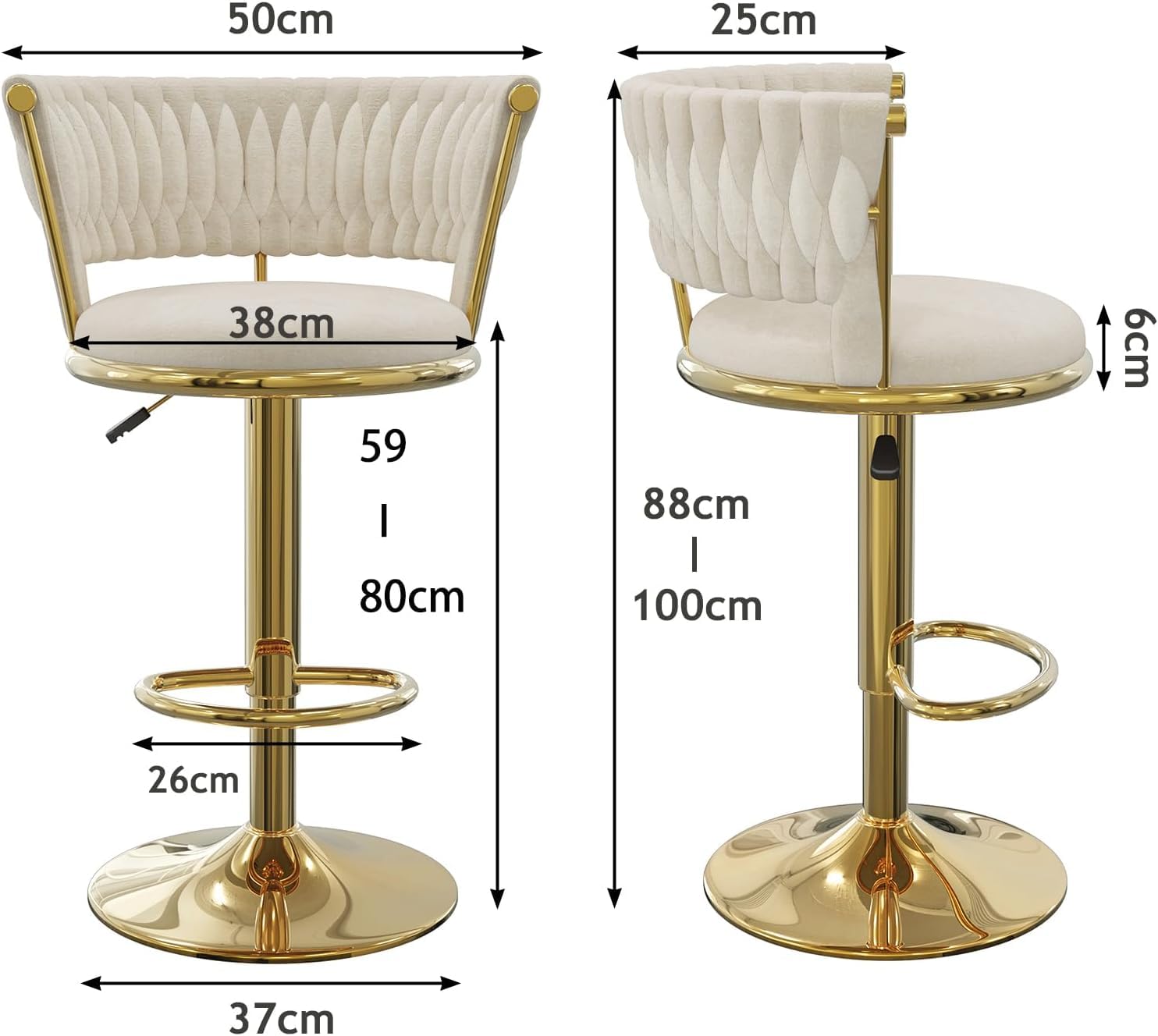 Estilo Real Taburetes de Bar Elegante Silla de Bar de Terciopelo Taburete para mostrador Elevable Taburete de Cocina Giratorio para Cocina, Bar, mostrador, Bar en casa, Dorado