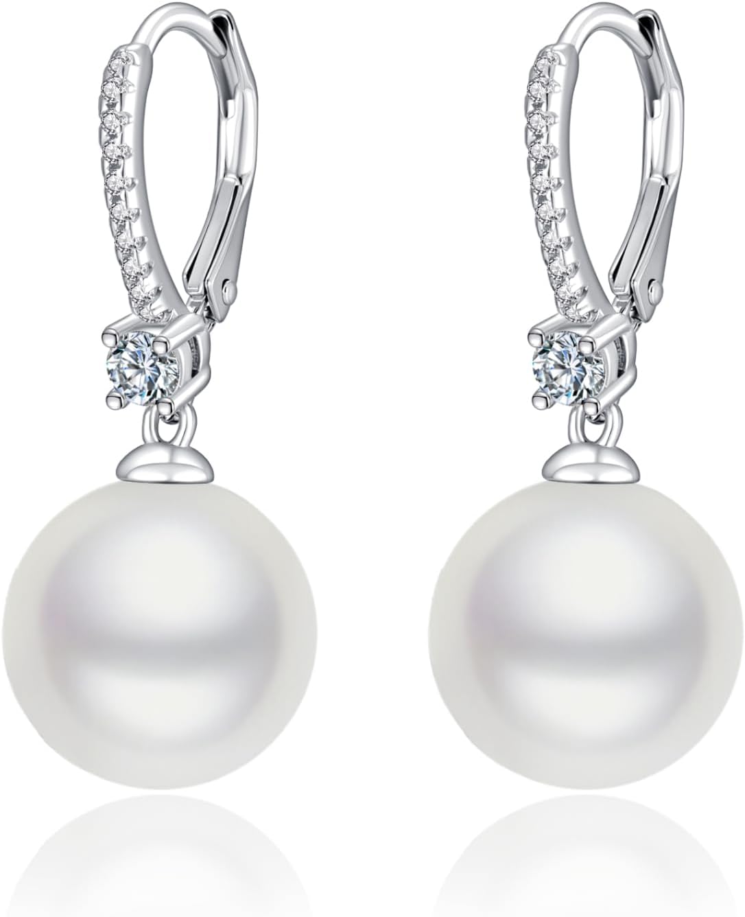 Freshwater Pearl Hoop Earrings, 8-10mm 925 Sterling Silver Cultured Pearls Drop Dangle Earrings with Cubic Zirconia, Wedding Anniversary Jewelry Gifts for Women
