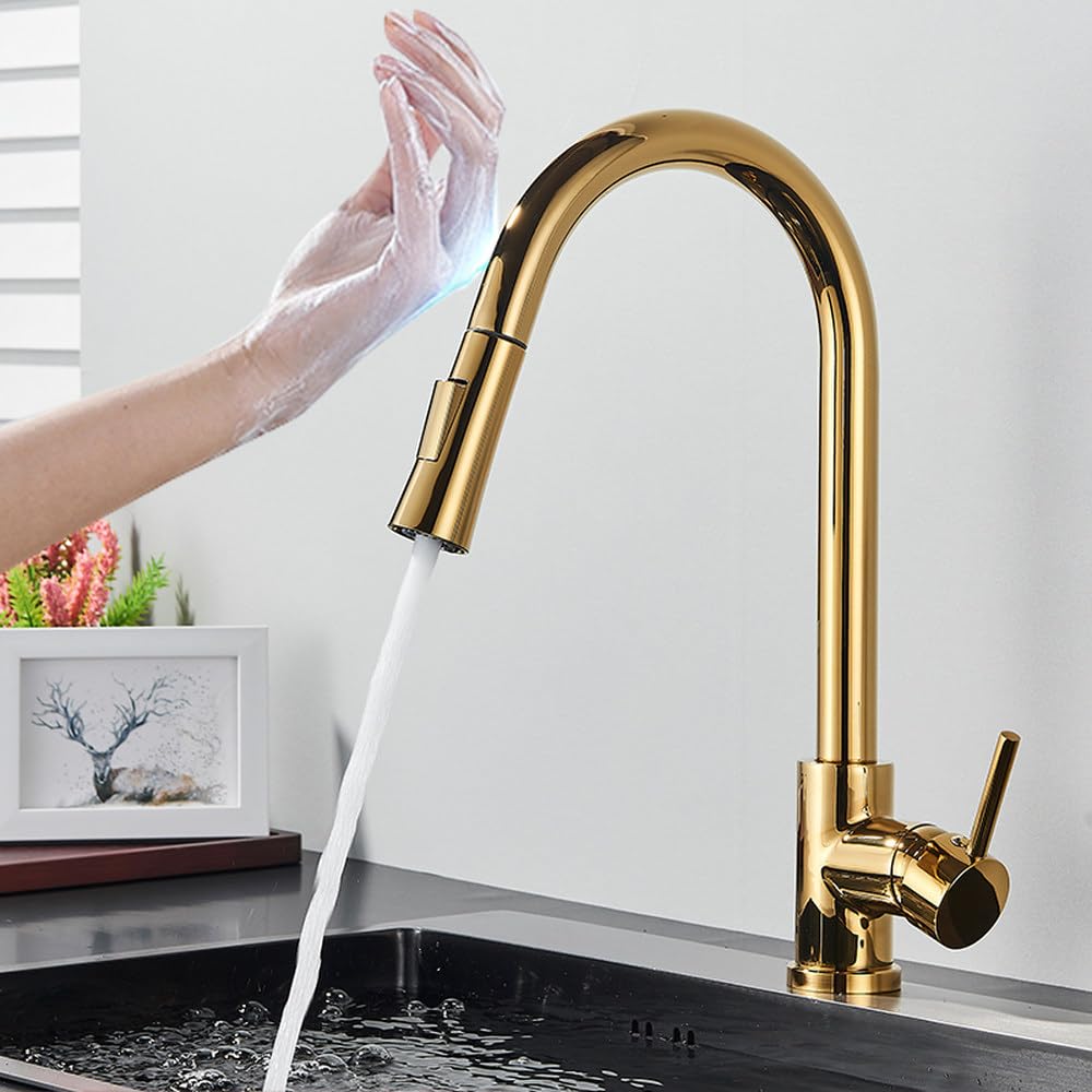 FCXWEVR Matte Black Touch Sensor Kitchen Faucet with Double Water Mode Pull Out Smart Sensor Mixer Tap Rotating Hot Cold Crane Sensor Golden