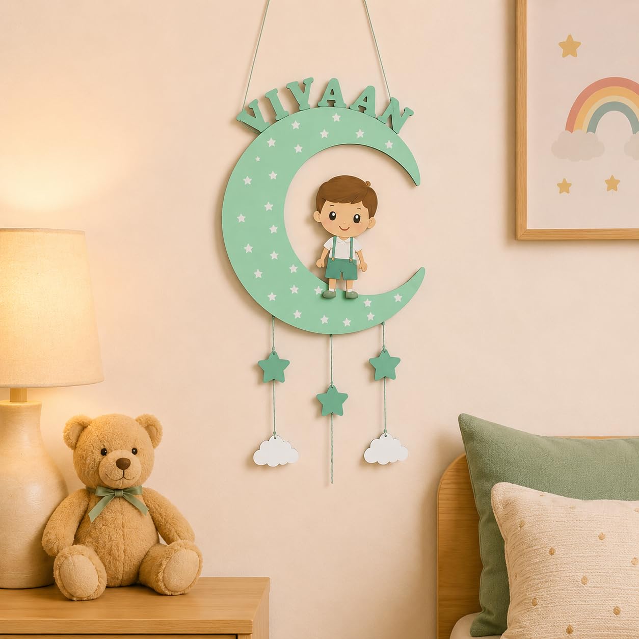 Personalized 3D UV Printed Kids Bedroom Moon Name Plate for Baby Boy Room Décor | Customised Wooden Wall Hanging with Stars & Clouds | Customized Birthday & Baby Shower Hamper- 18 x 10 Inches-image-46