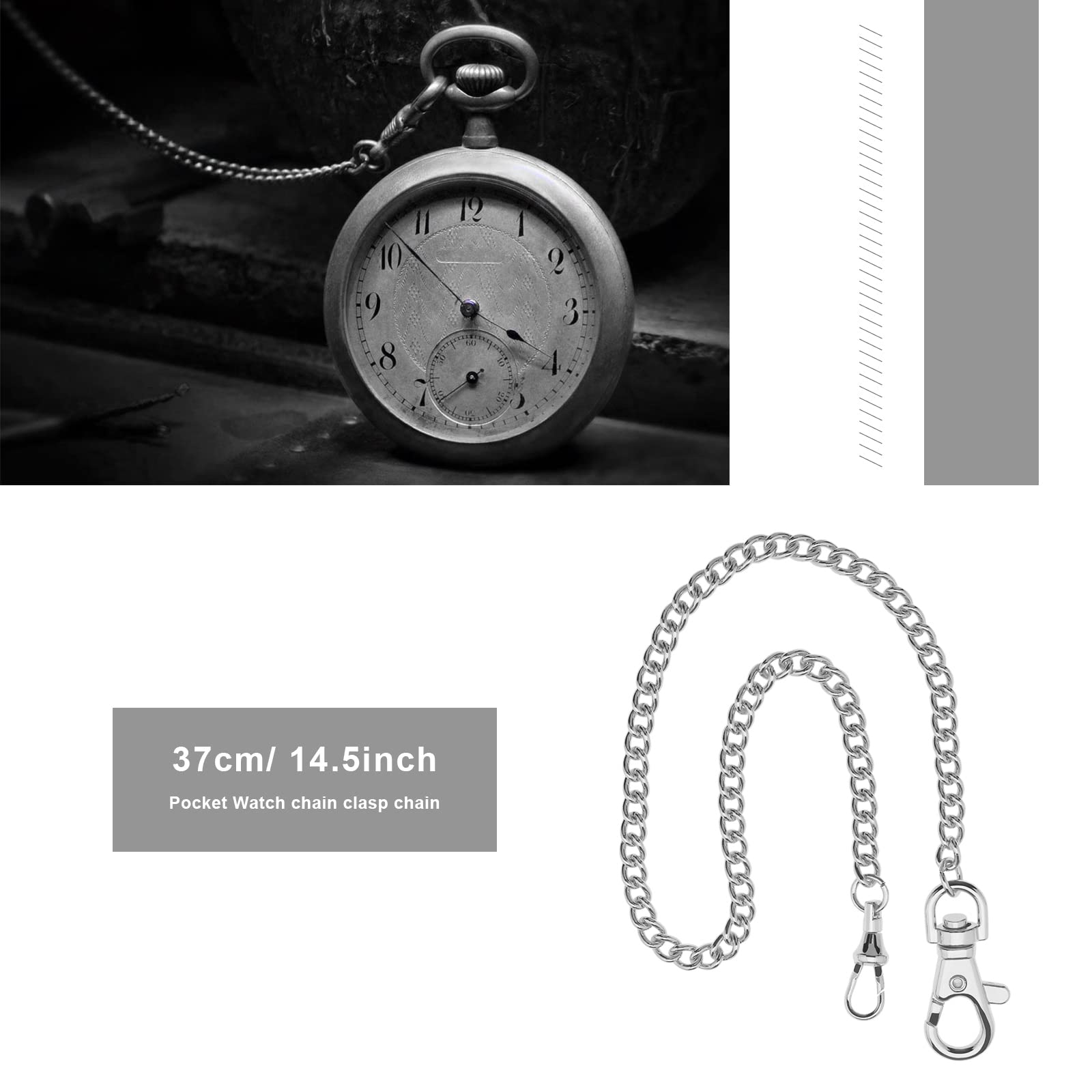 OTOTEC Taschenuhrenkette Weste Kette Albert Uhrenkette mit Karabinerverschluss 14,5 Zoll Klassisch Metallplattiert Taschenuhr Zubehör Silber