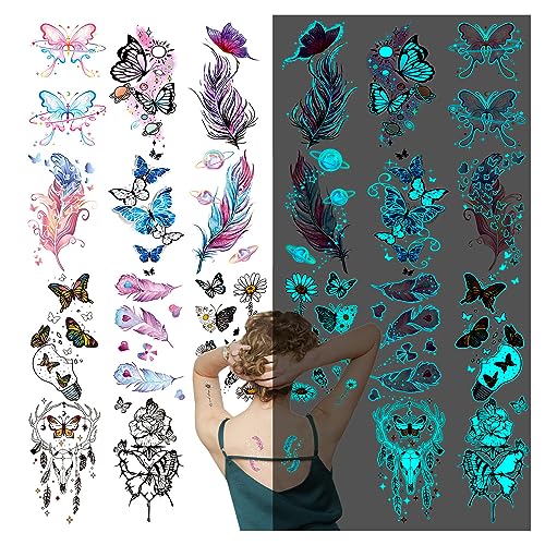Acevegue 18 Hojas Brillan en la Oscuridad de Tatuajes Temporales, Mariposa Azul Brillante Pluma Rosa Flores Tatuajes Falsos para Adultos Hombres Mujeres, Tatuaje Calcomanias Fiesta Club Nocturno Pub