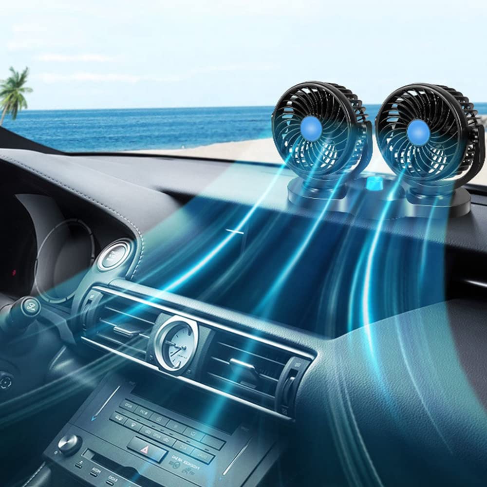 Ventilatore per auto a doppia testa, USB, 5V, raffreddamento 360°, compatibile con aria condizionata, basso rumore