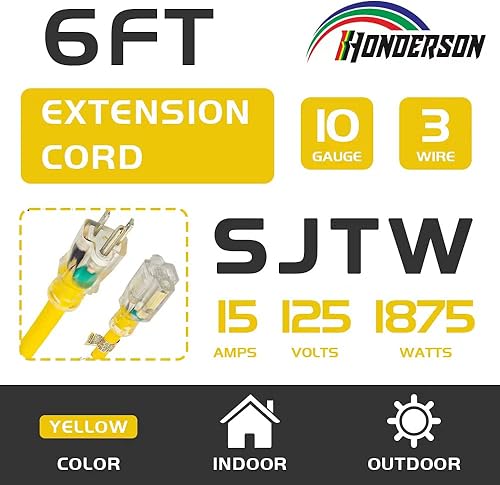 Miniatura 2 de HONDERSON Paquete de 2 cables de extensión iluminados para exteriores de 6 pies, cable de extensión SJTW 103 amarillo resistente con enchufe a
