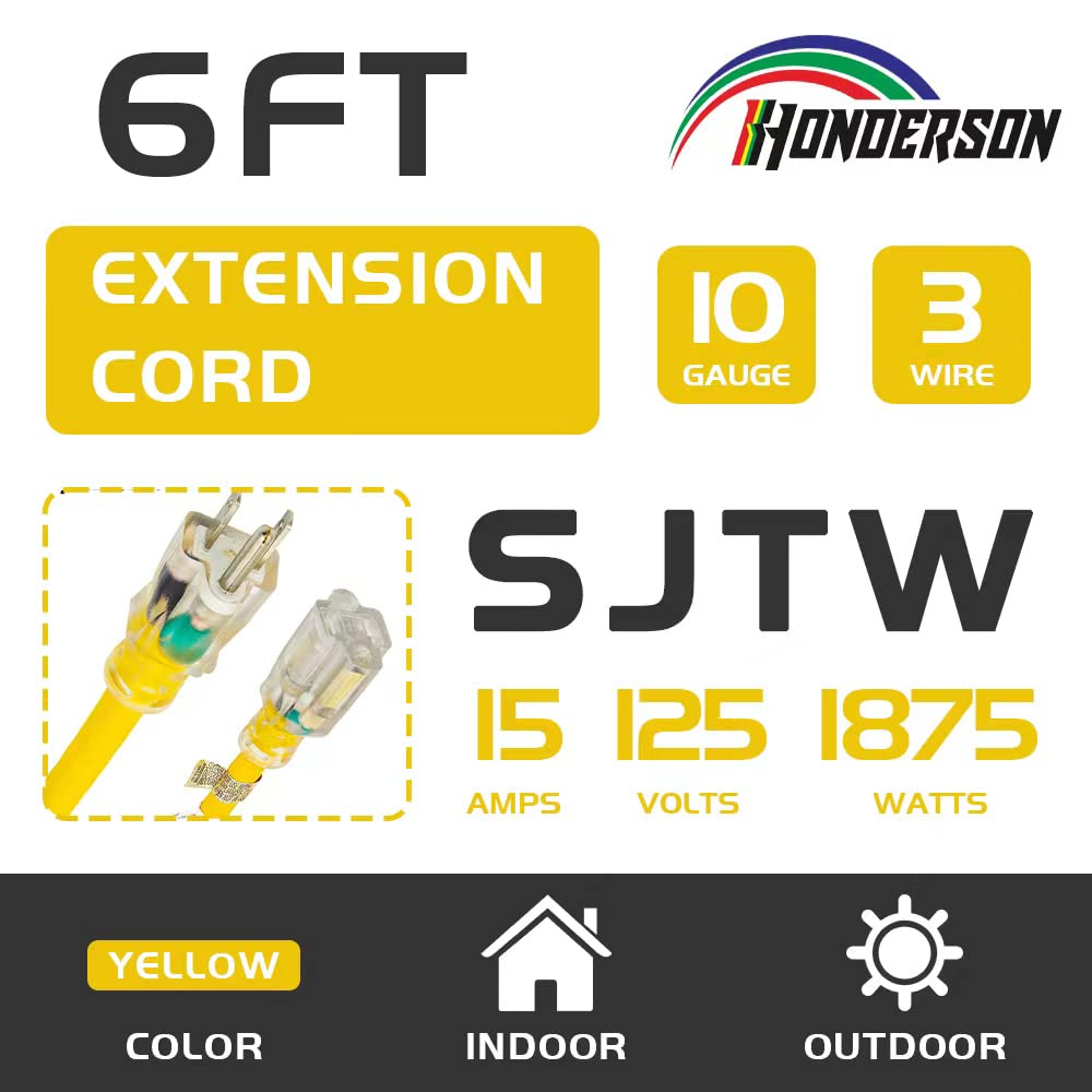 Cable de extensión para interiores y exteriores, resistente a la intemperie con extremo iluminado, certificado UL, calibre 10 de 6 pies, amarillo 3 clavijas, cable de extensión de