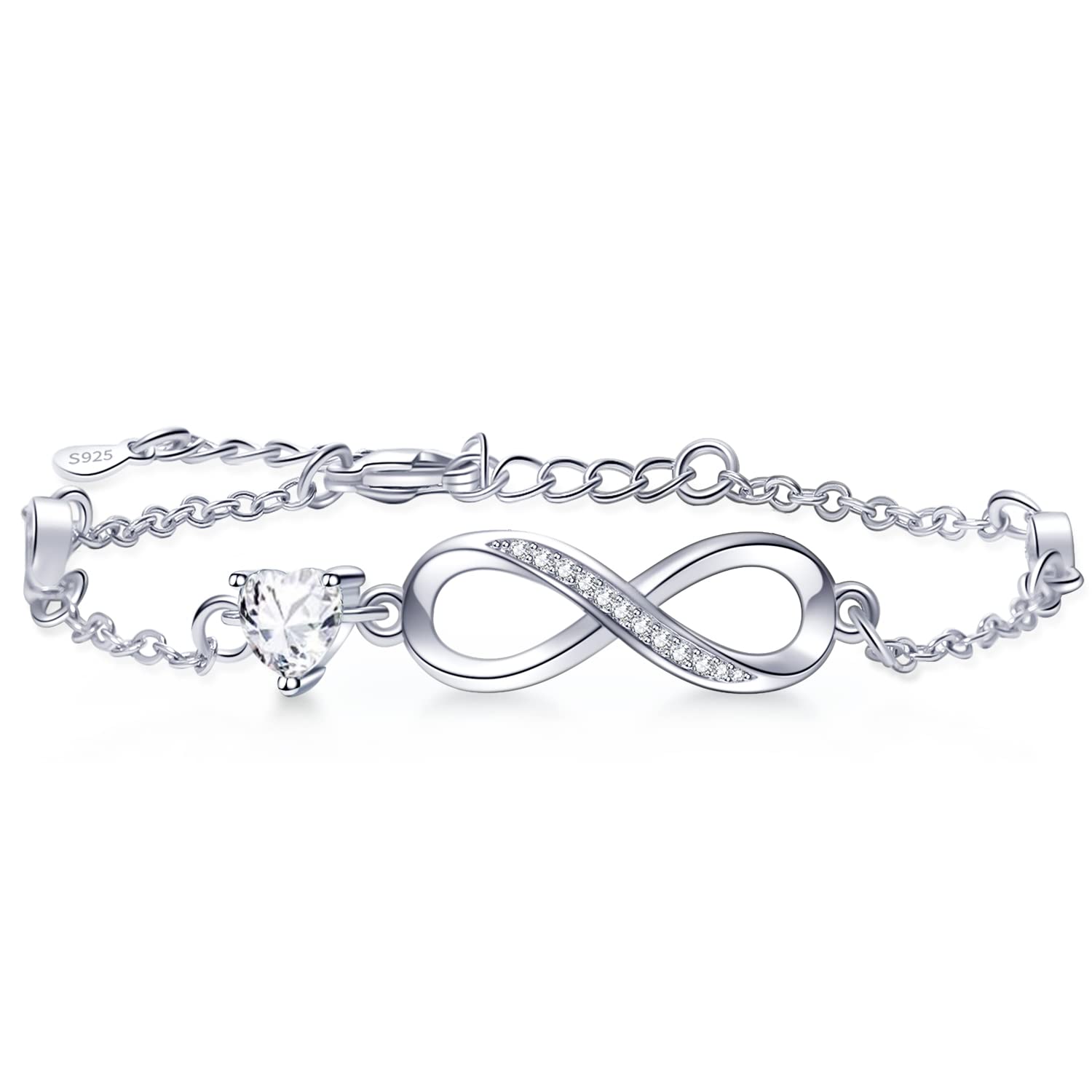 Tusuzik Bracciale Argento 925 Donna, Bracciale Infinito Donna Argento 925 con Cuore Zirconi Regolabile Bracciali Donna Gioielli Regalo per Mamma Amica Ragazza