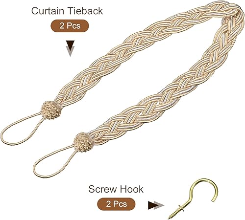 Miniatura 3 de uxcell 2 alzapaños de cortina trenzados de 23 pulgadas, con 2 ganchos de metal, color gris pardoplateado