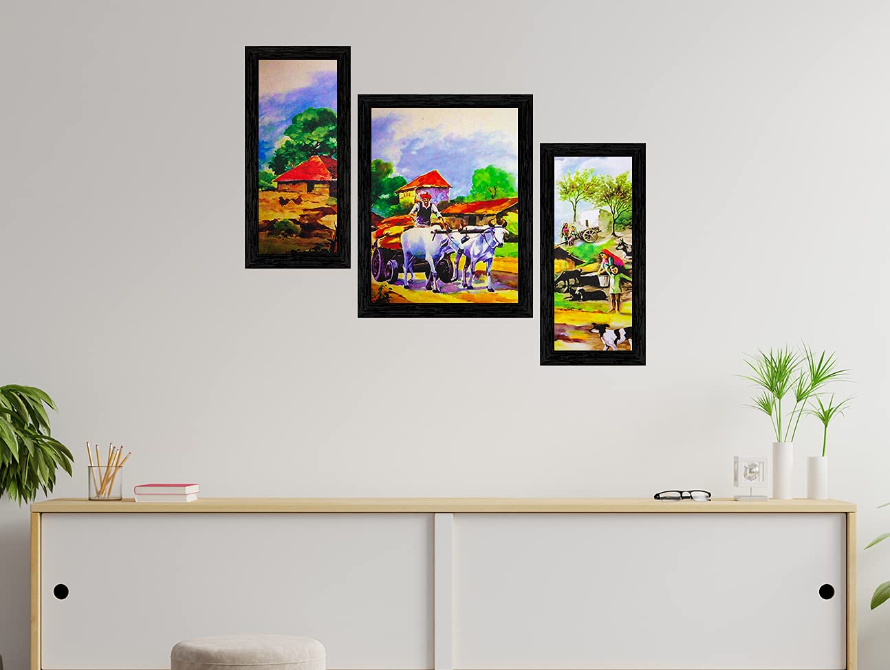 Indianara Zestaw 3 indyjskiej wioski oprawiony obraz artystyczny (3571BK) bez szkła 15 x 33, 25 x 33 cm, 15 x 30 cm