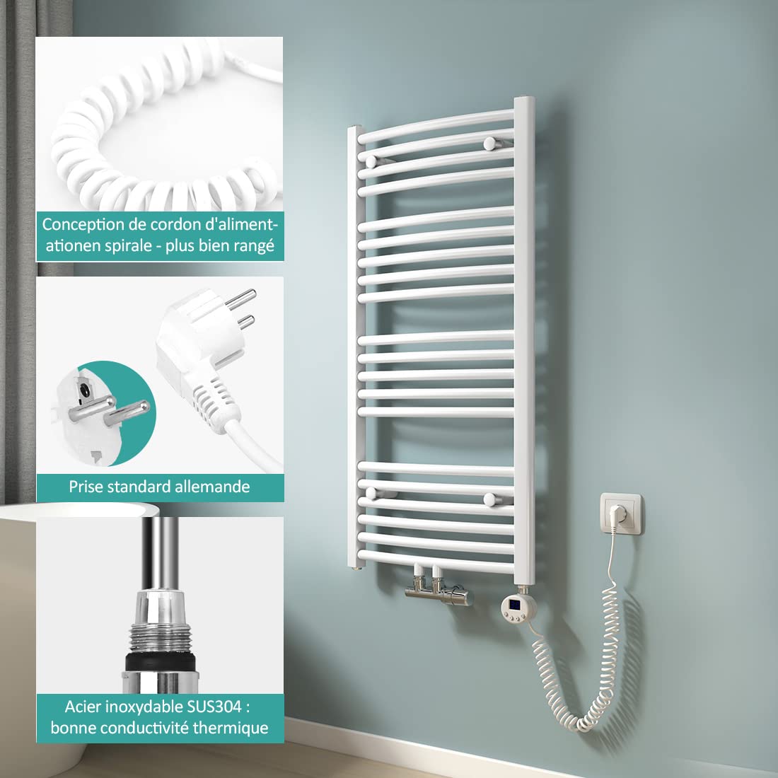 EMKE Elemento calefactore de Varilla calefactora, con termostato y Pantalla LCD, 300W, Barra de calefacción eléctrica para Elemento de calefacción de radiador de baño, Acero Inoxidable