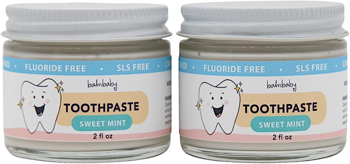 Kids All Natural Fluoride Free Toothpaste – SLS Free Toothpaste with Xylitol, Vegan Gluten Free, Glass Jar Zero Waste Teeth Paste (2-PK, Mint)