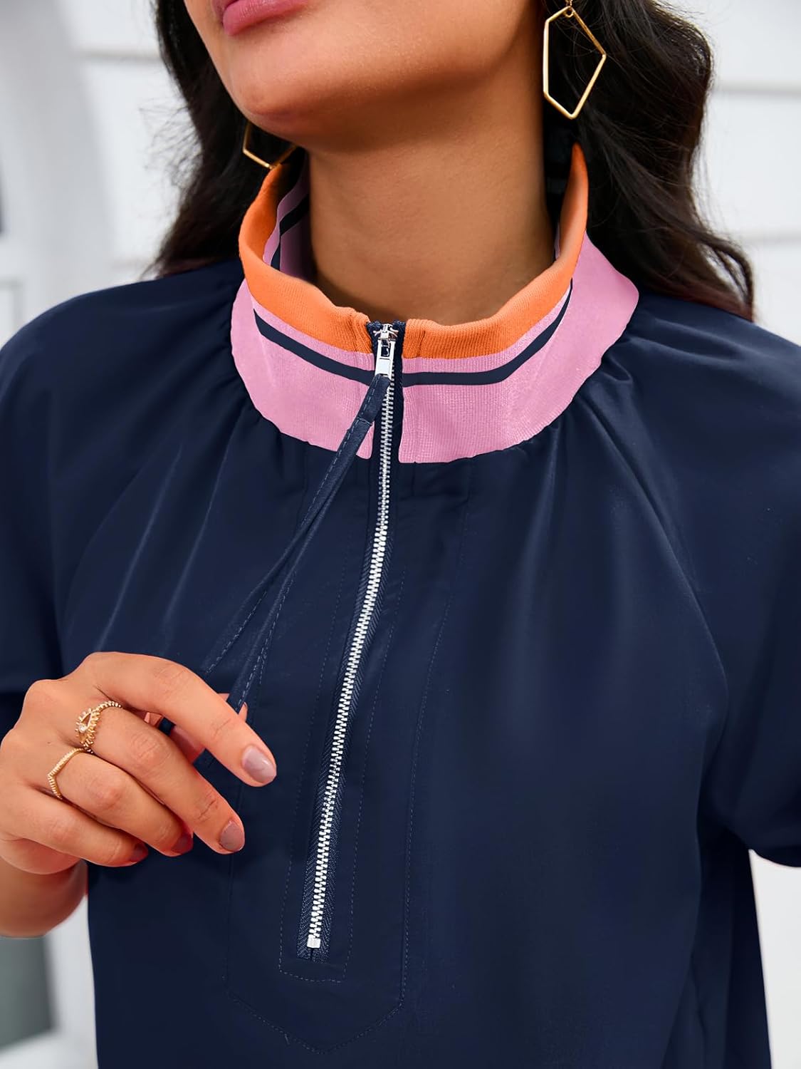 Womens Summer Blouse Tops Puff Sleeve Shirts Half Zip V Neck Dressy Casual Color Block T-Shirts - Image 4