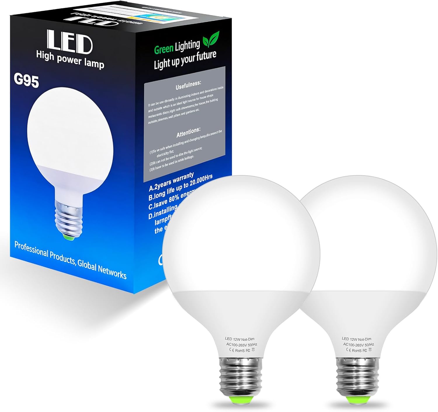 G95 LED Globe Light Bulbs, 12W(150W Equivalent) Large Globe Light Bulbs, Non-Dimmable, E26 Base, 1500 Lumen, LED Bulbs Daylight White 5000K, Perfect for Vanity, Indoor Living Room, 2-Pack