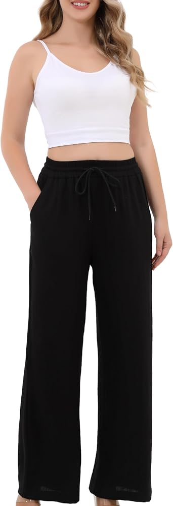 Aphratti Wide Leg Pants for Women Flowy Drawstring Elastic Waist Summer Pants