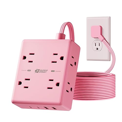 Pink Extension Cord 10Ft, Flat Plug Surge Protector Power Strip, 8 Outlets & 4 USB Ports (2 USB C), Cute Stuff Pink Room Decor, Home Office Kawaii Desk Accessories for Girls - Pink