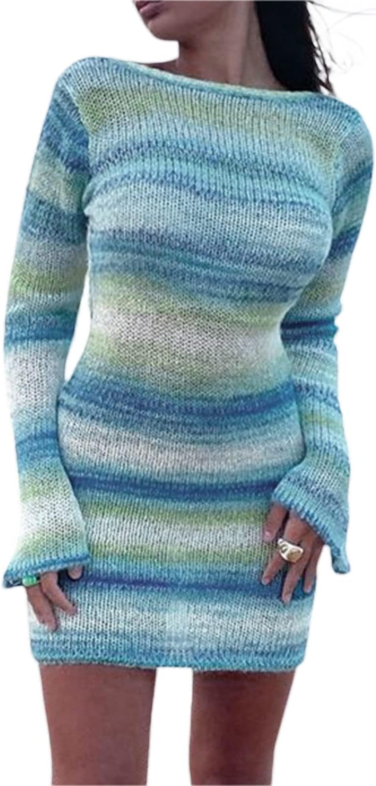 SMIMGOWomens Y2K Crochet Knit Dress Summer Sexy Backless Hollow Out Bodycon Mini Dress Flared Sleeve Striped Sweater Dress Streetwear