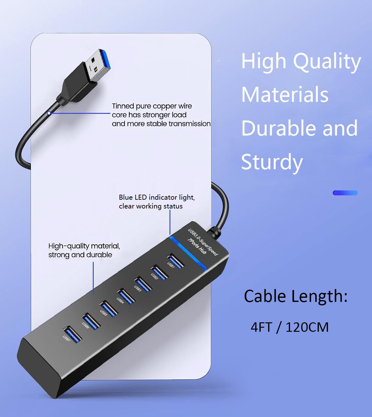 Hub USB 3.0 7 ports, répartiteur USB 5 Gbit/s de données avec câble de 1,2 m, pour ordinateur portable, PC, MacBook, Mac Pro/Mini, iMac, Surface Pro, Windows, clé USB, disque dur mobile