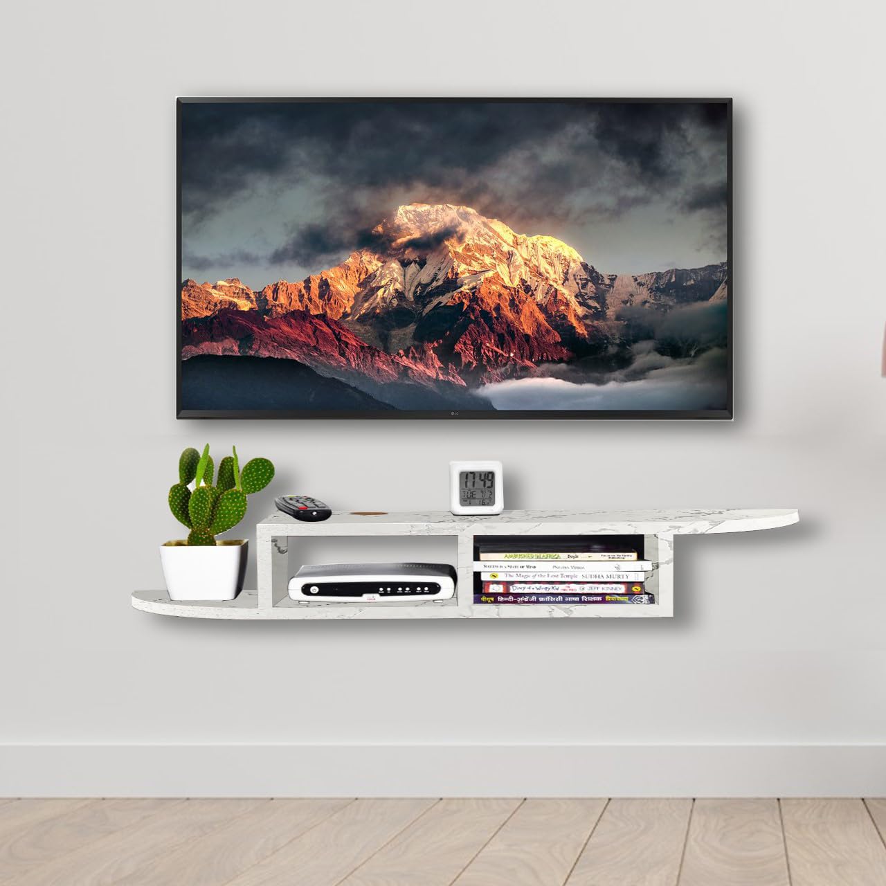 Torche Wooden Wall Mounted TV Unit, TV Cabinet, TV Stand - Wall Shelf for Living Room, Set Top Box Stand (Marble White-QR TV Big)