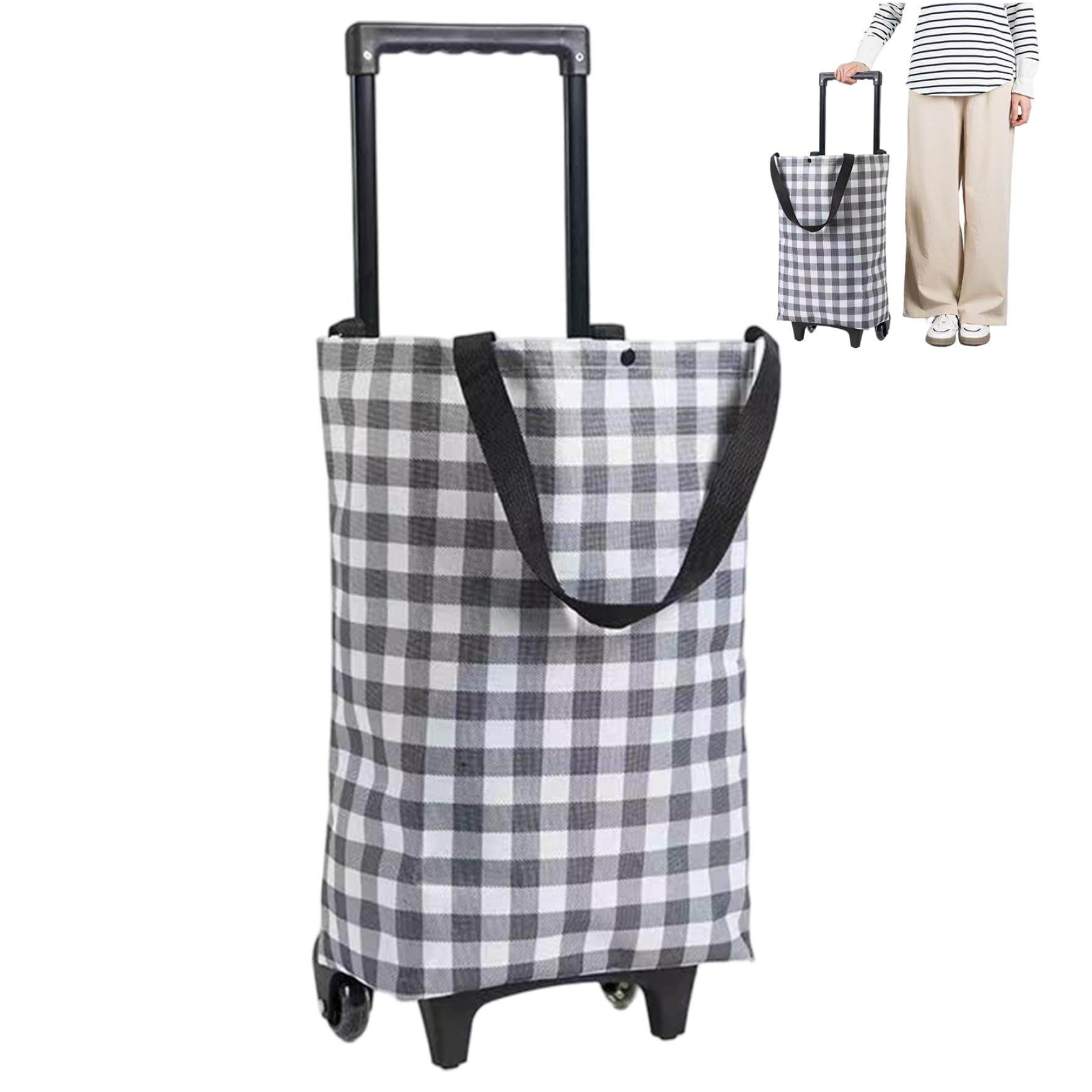 Shopping Bag on Wheels, Waterproof Foldable Shopping Trolley, Portable Reusable Trolley Bags with Telescopic Handle, Checkerboard