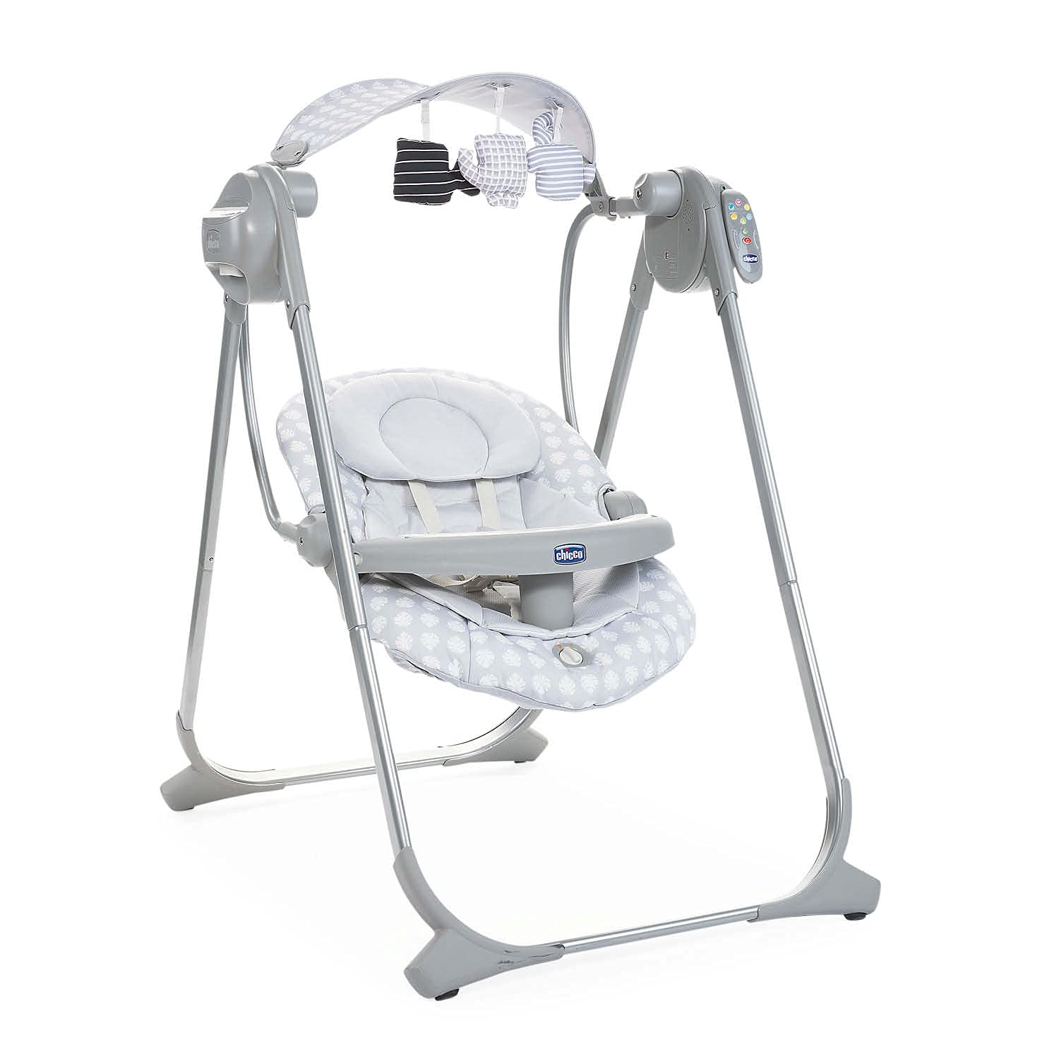 Chicco Polly Swing Up Altalena Elettrica Neonato da 0 Mesi a 9 Kg, Sdraietta Regolabile e Dondolo Automatico, con Vibrazione, Giochi Pendenti, Musiche e Telecomando, Chiusura Compatta, Leaf, Grigio