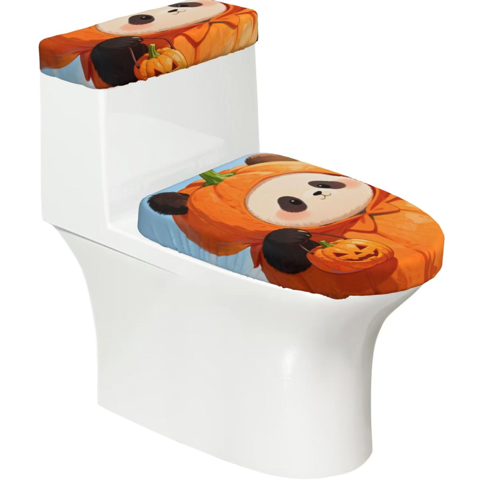 Cntdbu Black Halloween Pumpkin Panda Elastic Toilet Cover Set Of 2-Stretchy Lid And Tank Covers For Bathroom, Soft Washable U Shape Toilet Decor