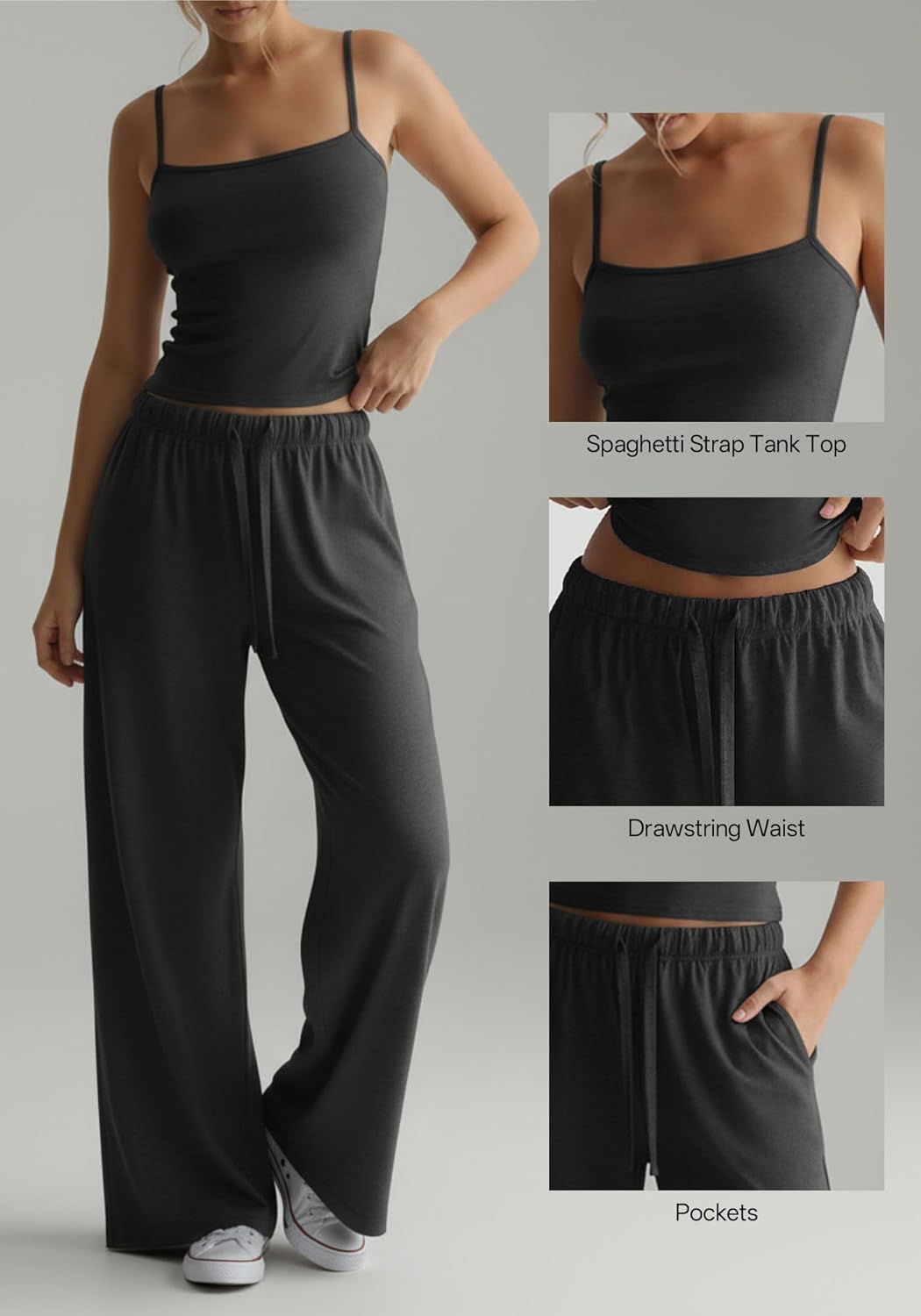 TDCoool Women's 2 Piece Pajama Lounge Set Summer Matching Lounge Sets Spaghetti Strap Tank Top Comfy Wide Leg Pants Sets - Image 6