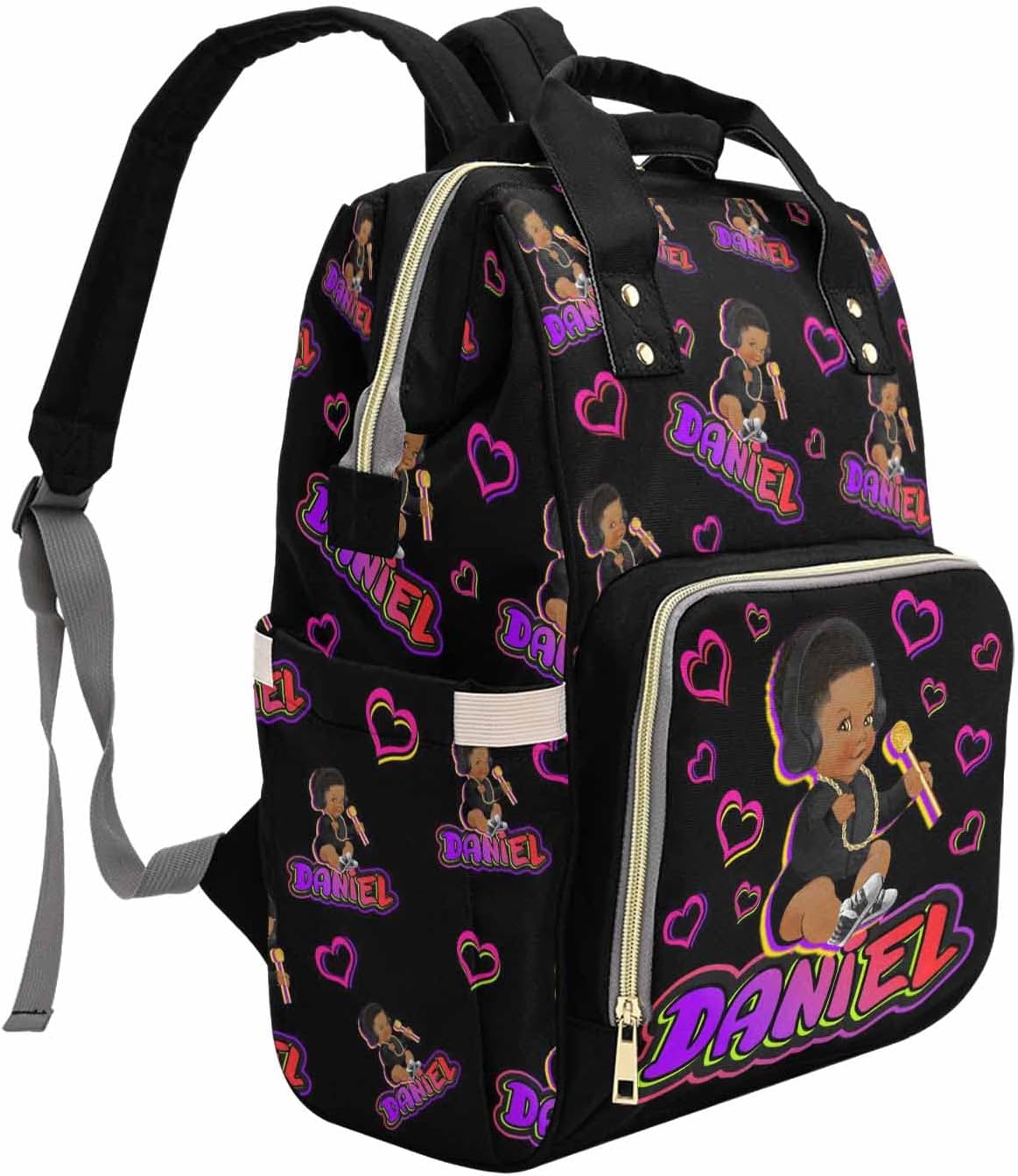 M YESCUSTOM Customized Diaper Bag with Name, Personalized Purple & Rose Love Heart Nylon Mommy Nursing Backpack Nappy Daypack with Large Capacity for Travel Holiday Gift for Women