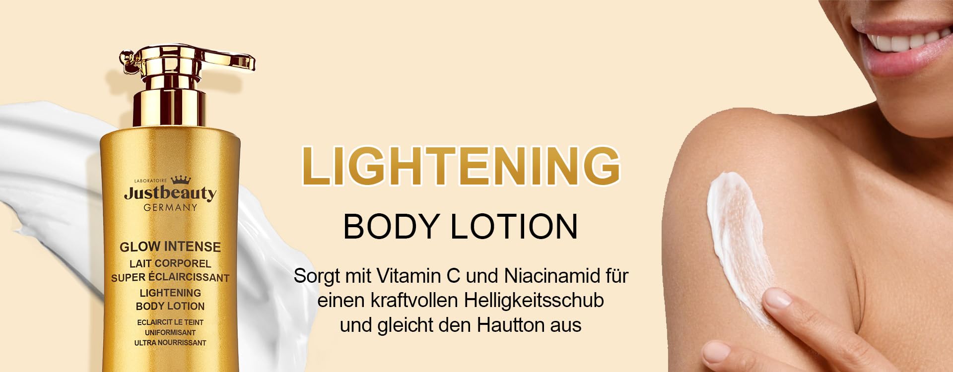 Glow Intense – Lait Corps Unifiant & Éclat 500 ml – Aide à améliorer l’apparence des taches pigmentaires et du teint irrégulier – Niacinamide, Acide Tranexamique & Alpha-Arbutine – Justbeauty Germany
