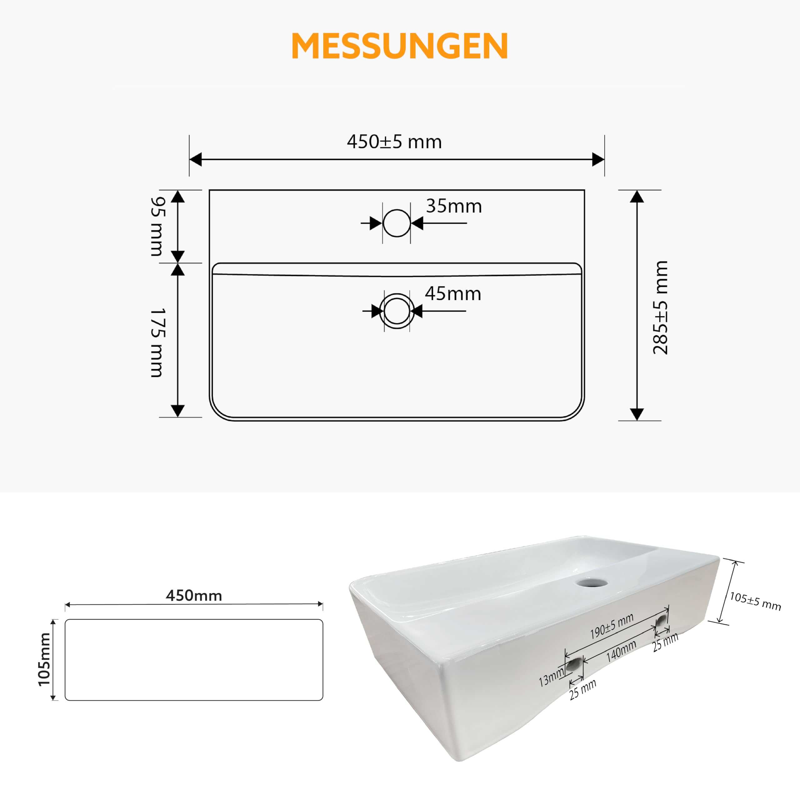 HOGART lavabo pequeño baño 45x28cm con seno a la derecha, lavabo de cerámica blanco rectangular, lavabo suspendido pared o sobre encimera, con orificio para grifo, sin rebosadero, ideal aseo invitados - 3