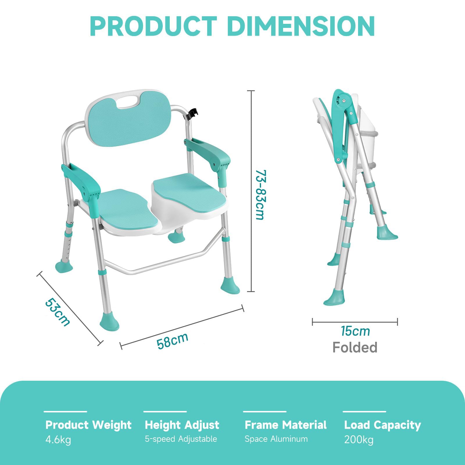 Silla de ducha plegable con apoyabrazos, respaldo y almohadillas antideslizantes, altura ajustable, soporta hasta 180 kg, taburete de ducha para personas mayores