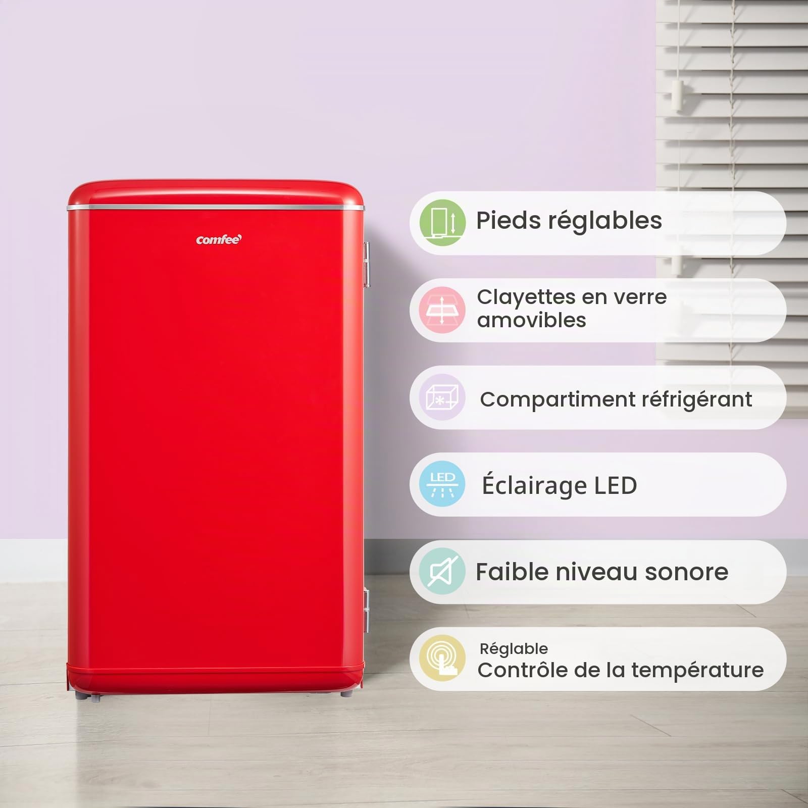 COMFEE' Petit réfrigérateur, 93 litres, design rétro, mini réfrigérateur, réfrigérateur de table, thermostat réglable, silencieux, adapté à la maison, au bureau et à l'hôtel, rouge