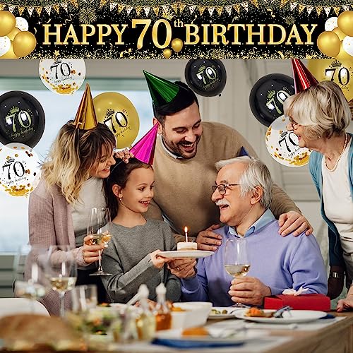 Image of 70th Birthday Decorations - Black Gold 70th Birthday Banner & Balloons for Indoor /Outdoor Parties