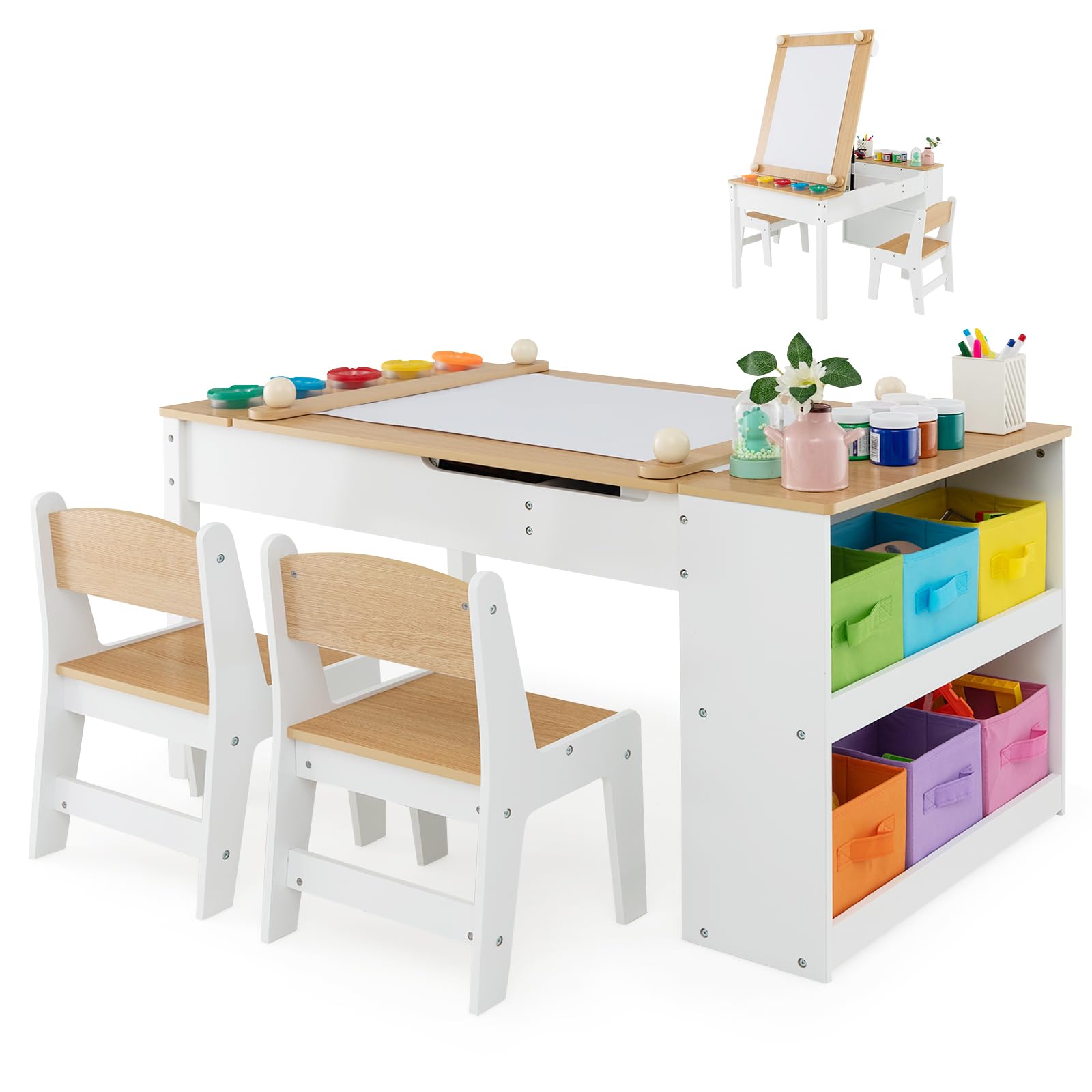 GOPLUS Kinderkunsttisch mit 2 Stuhl & seitliche offene Regal, Kindermöbel Set mit Stauraum & Maltisch, Kindersitzgruppe für Zeichnen & Schreiben, für Kinderzimmer Spielzimmer Kindergarten (Natur)