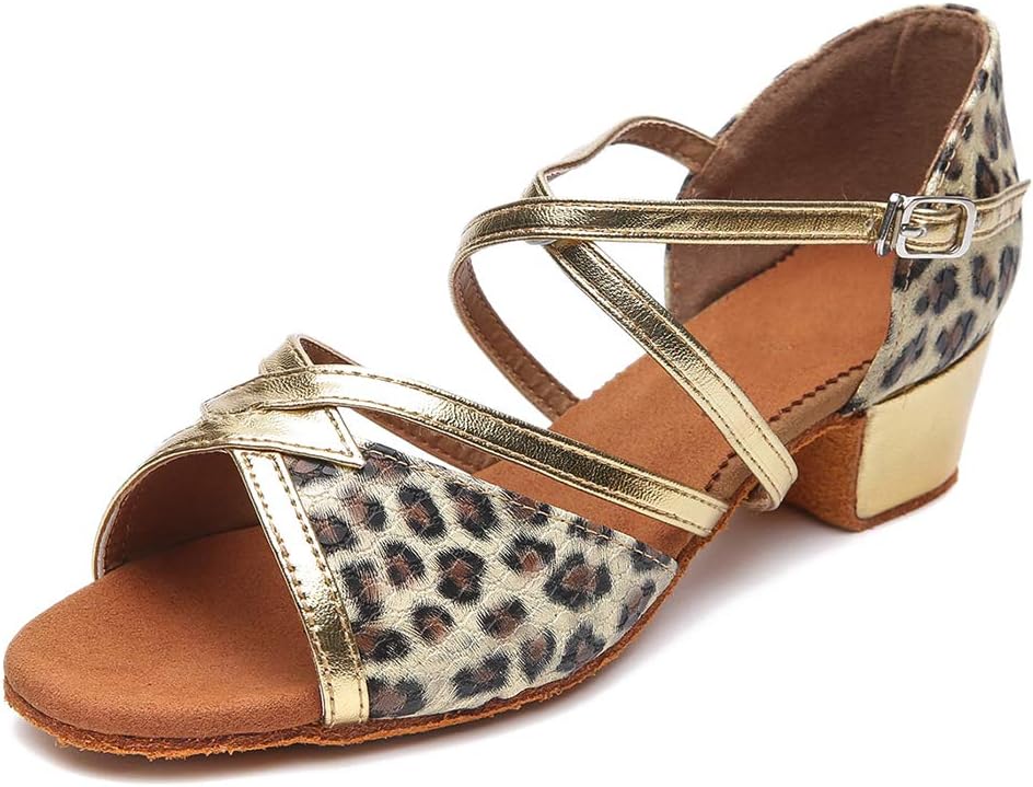 HIPPOSEUS Girls Satin Latin Salsa Dance Shoes Soft Suede Sole(Little/Big Kid) Leopard Color,Model U-SS106,7 M Big Kid