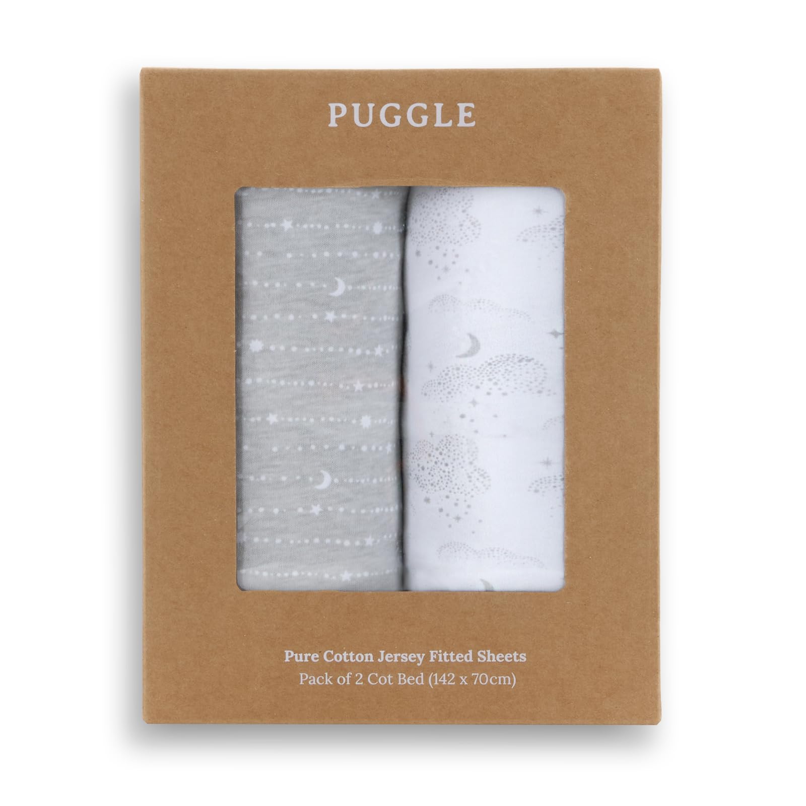Puggle White & Grey To The Moon & Back 2-Piece Pure Cotton Jersey Cot Bed Fitted Sheets - White/Grey
