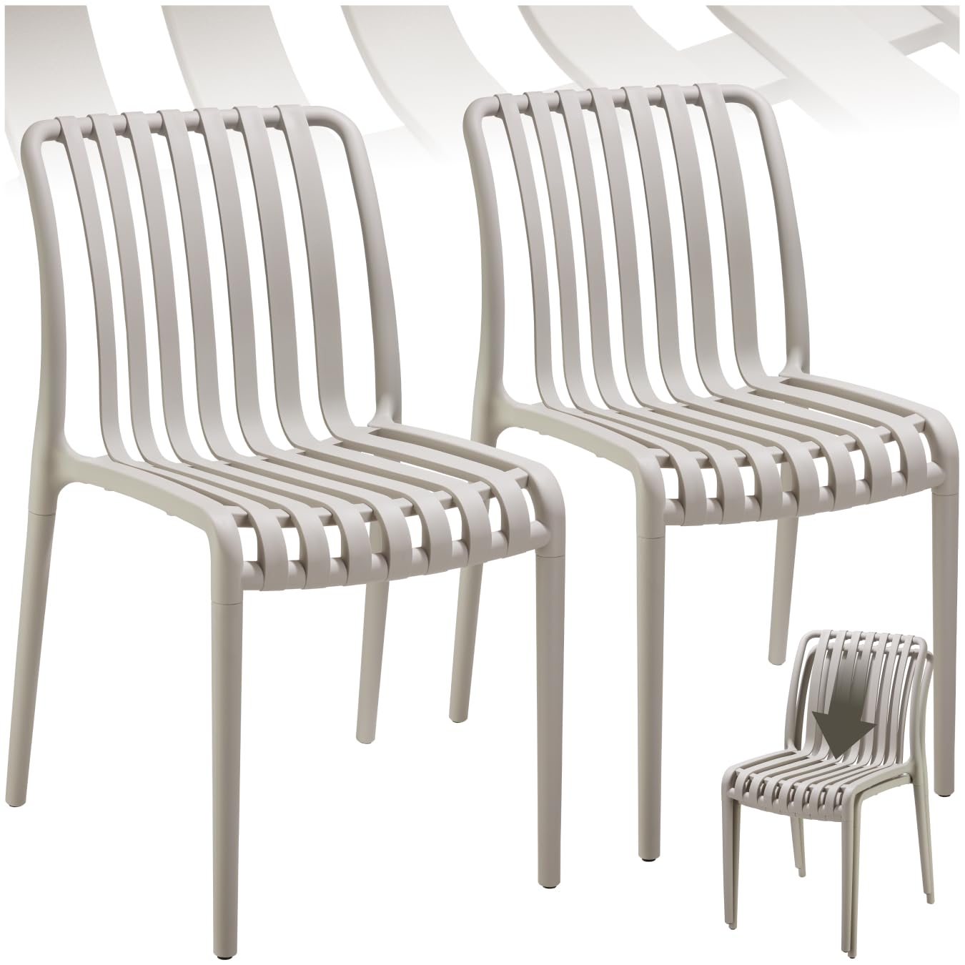 tectake® Set of 2 Garden Chairs in Light, Airy Design, Outdoor Chairs in Weather-Resistant Plastic with Slatted, Curved Seat, Stackable Garden Chair Set for Backyard, Patio, Balcony - Taupe