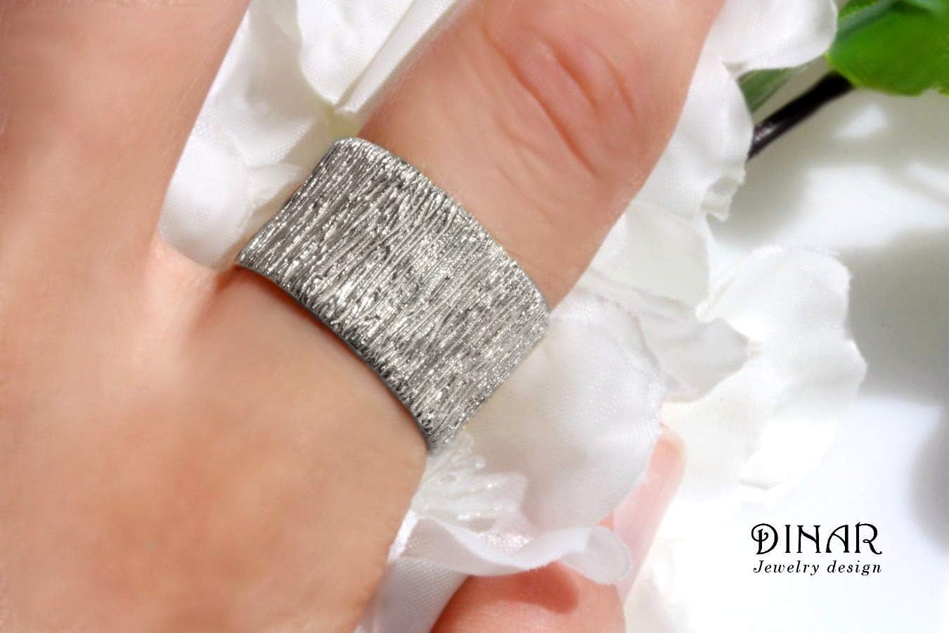 Wide woodgrain textured solid sterling silver wedding band, large big silver band tree bark texture handmade band ring for men and women shiny textured original designer band by DINAR jewelry