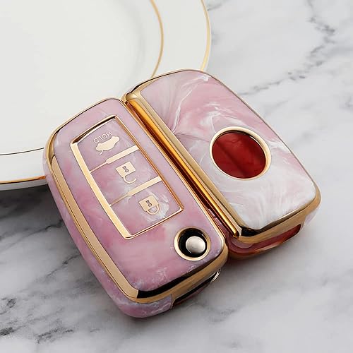 Miniatura 3 de SANRILY Qashqai Tiida Sylphy Frontier - Funda para llavero con diseño de jade y borde dorado, con 3 botones, color rosa