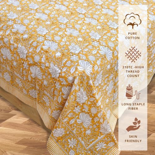 Image of TOAI Hand Block Printed Bedsheet | Bed Spread Flatsheet Bed Sheet | Pure Cotton | Queen Size 90 inchx108 inch | 210 TC Luxury Cotton | 2 Reversible Pillow Covers |Light Mustard Kalamkari