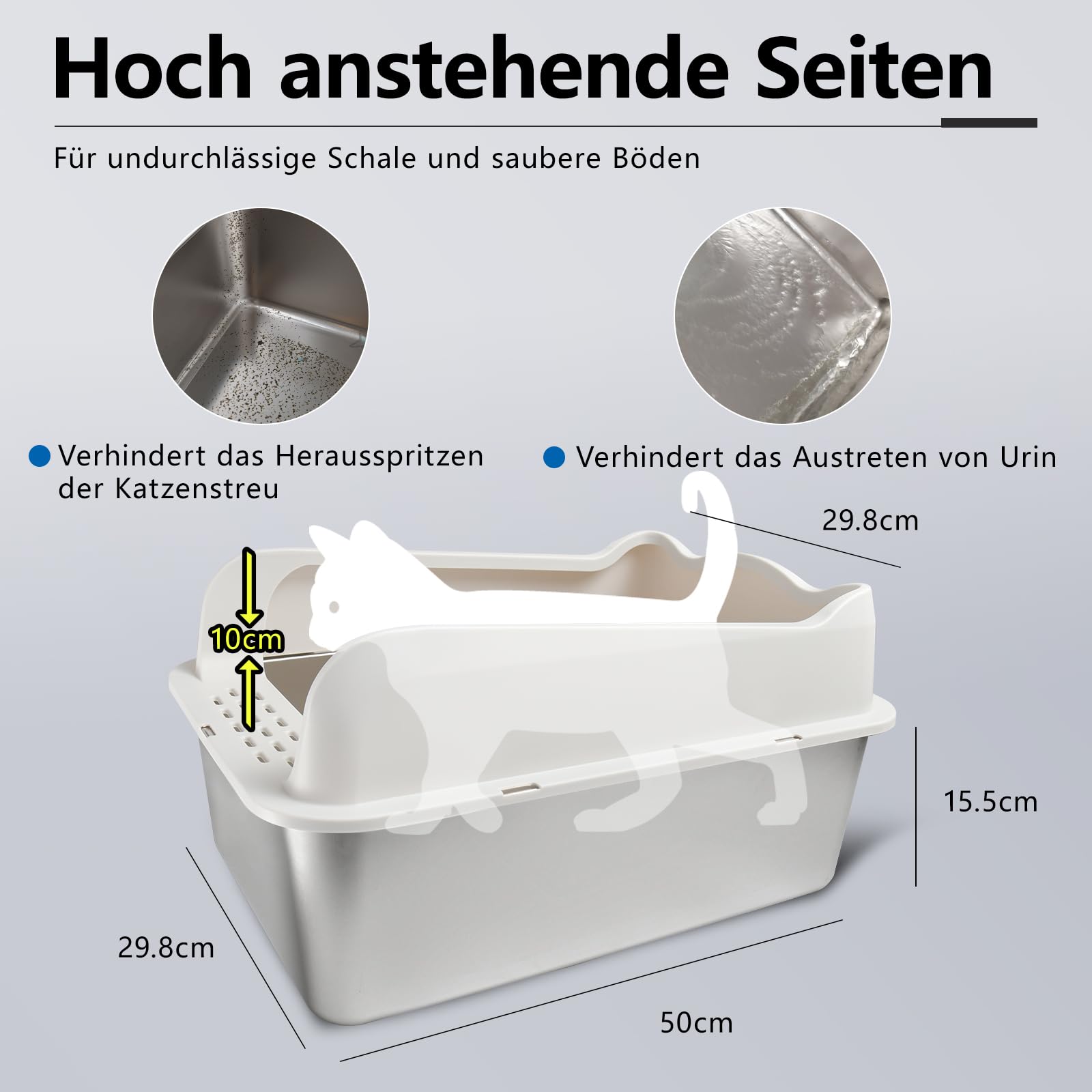 Katzenklo,Großes Katzentoilette 50 * 35 * 25 cm Niemals Gerüche, Rostfrei, Antihaft Glatte Oberfläche, Edelstahl Katzenklo Fassungsvermögen für Leichtere Reinigung (50 * 35 * 25 cm)