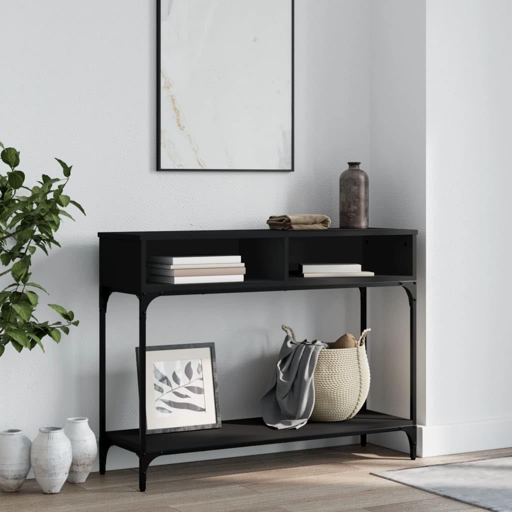 Mesa consola negra estable que no se tambalea con estante organizador para pared